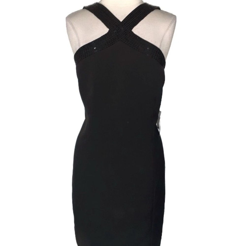 Laundry By Shelli Segal Sz 0 Black Sheath Dress W/Beaded Cross Straps.